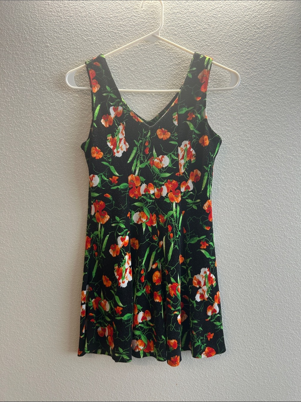 Floral V-Neck Black Summer Dress with Orange & Green Print